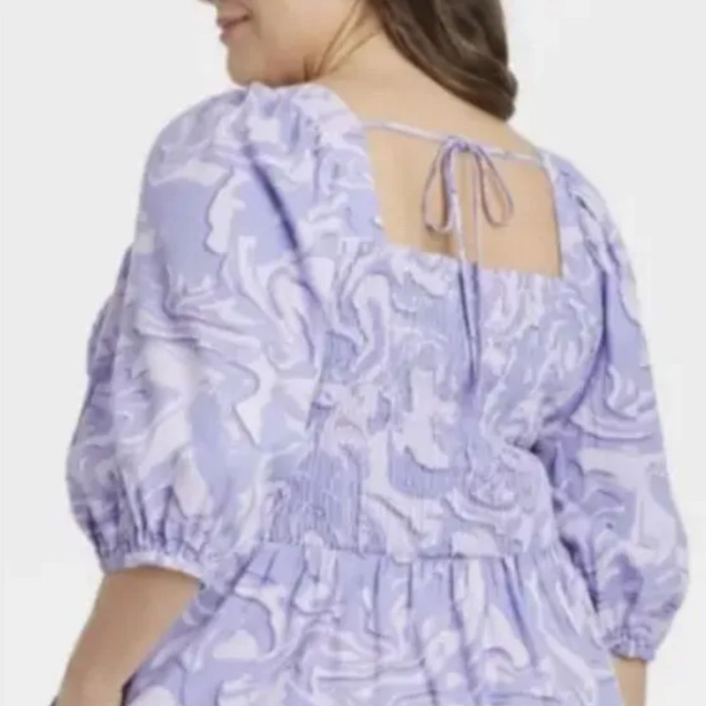 🆕🔥Ava & Viv Purple Swirl Puff Elbow Sleeve Smocked Mini Dress - Picture 4 of 5